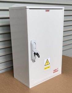 Surface mounted  Electric Meter Box W400xH600xD245 made of thick GRP, & incorporating very strong hinges, locking mechanism & removable door.