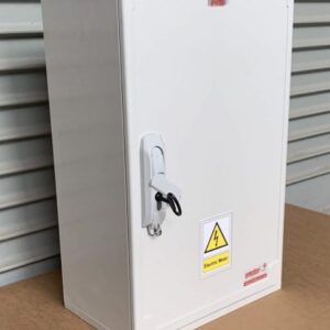 Surface mounted  Electric Meter Box W400xH600xD245 made of thick GRP, & incorporating very strong hinges, locking mechanism & removable door.